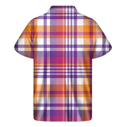 Purple And Orange Madras Plaid Print Men's Short Sleeve Shirt