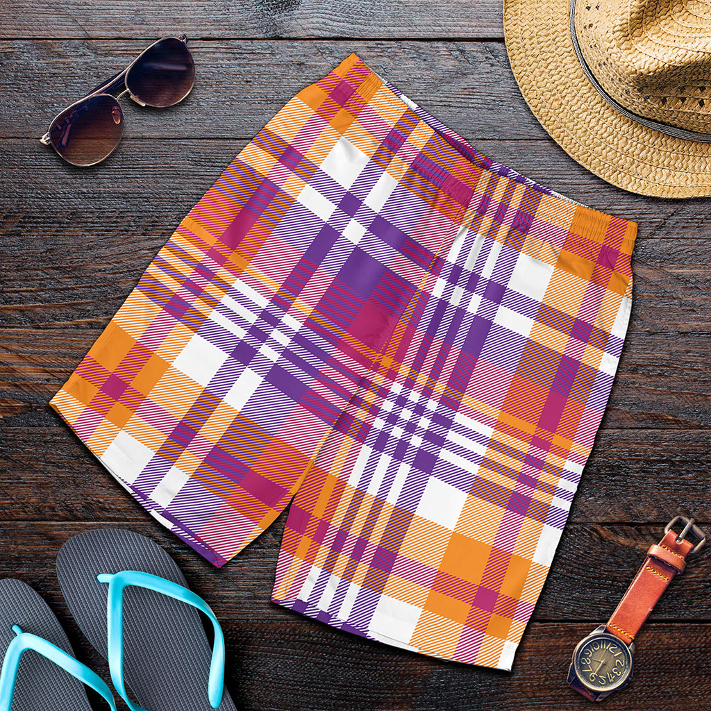 Purple And Orange Madras Plaid Print Men's Shorts