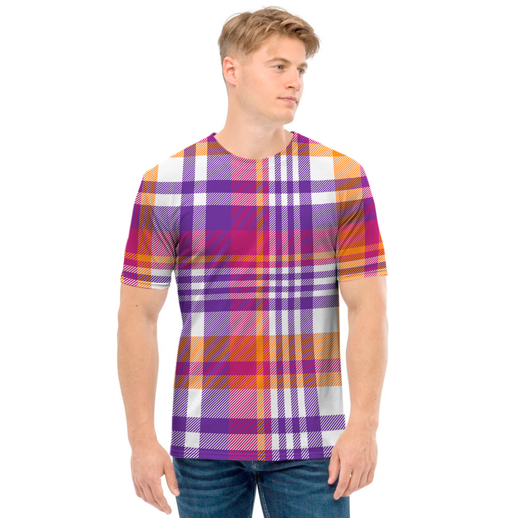 Purple And Orange Madras Plaid Print Men's T-Shirt