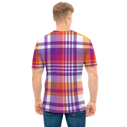 Purple And Orange Madras Plaid Print Men's T-Shirt