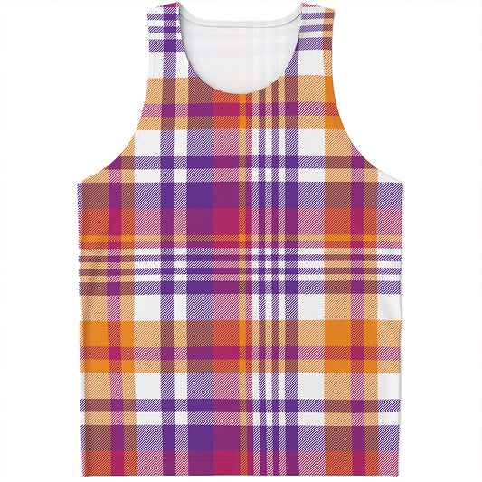Purple And Orange Madras Plaid Print Men's Tank Top