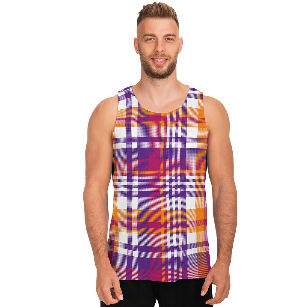 Purple And Orange Madras Plaid Print Men's Tank Top