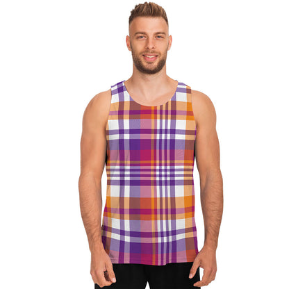 Purple And Orange Madras Plaid Print Men's Tank Top