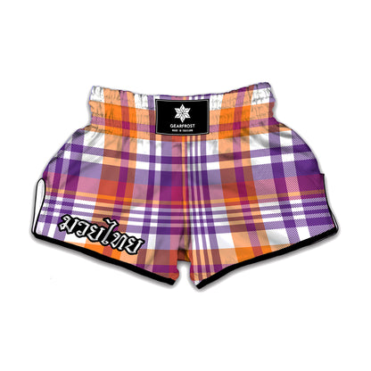 Purple And Orange Madras Plaid Print Muay Thai Boxing Shorts