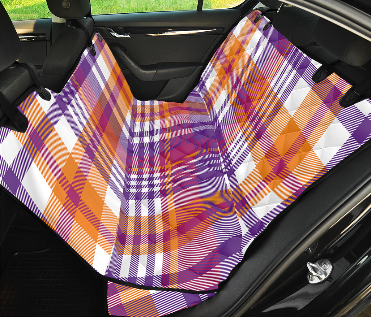 Purple And Orange Madras Plaid Print Pet Car Back Seat Cover