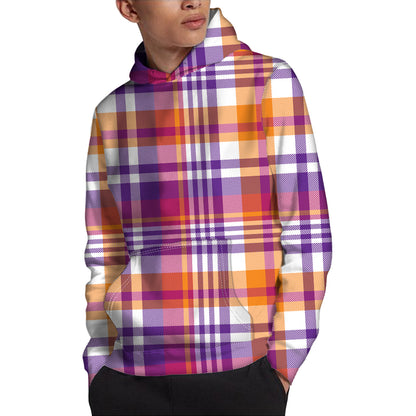 Purple And Orange Madras Plaid Print Pullover Hoodie