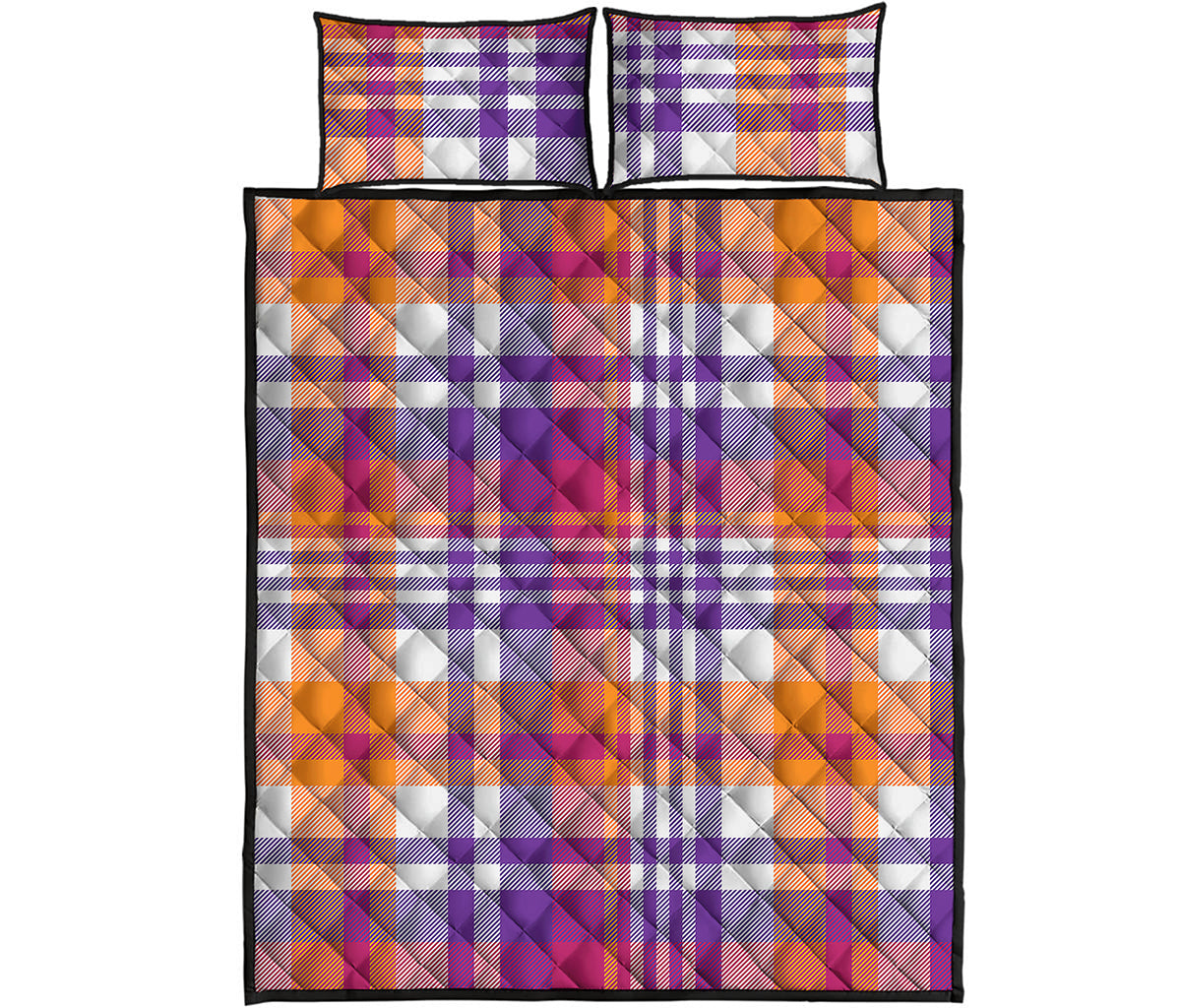 Purple And Orange Madras Plaid Print Quilt Bed Set