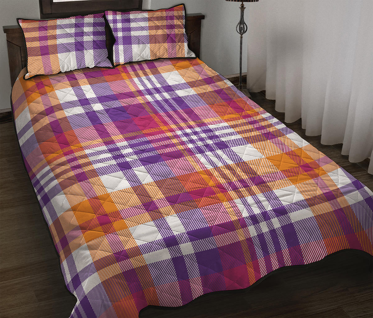 Purple And Orange Madras Plaid Print Quilt Bed Set