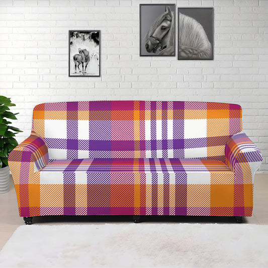 Purple And Orange Madras Plaid Print Sofa Cover
