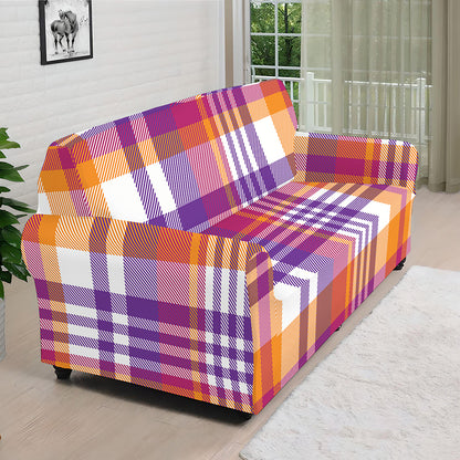 Purple And Orange Madras Plaid Print Sofa Cover