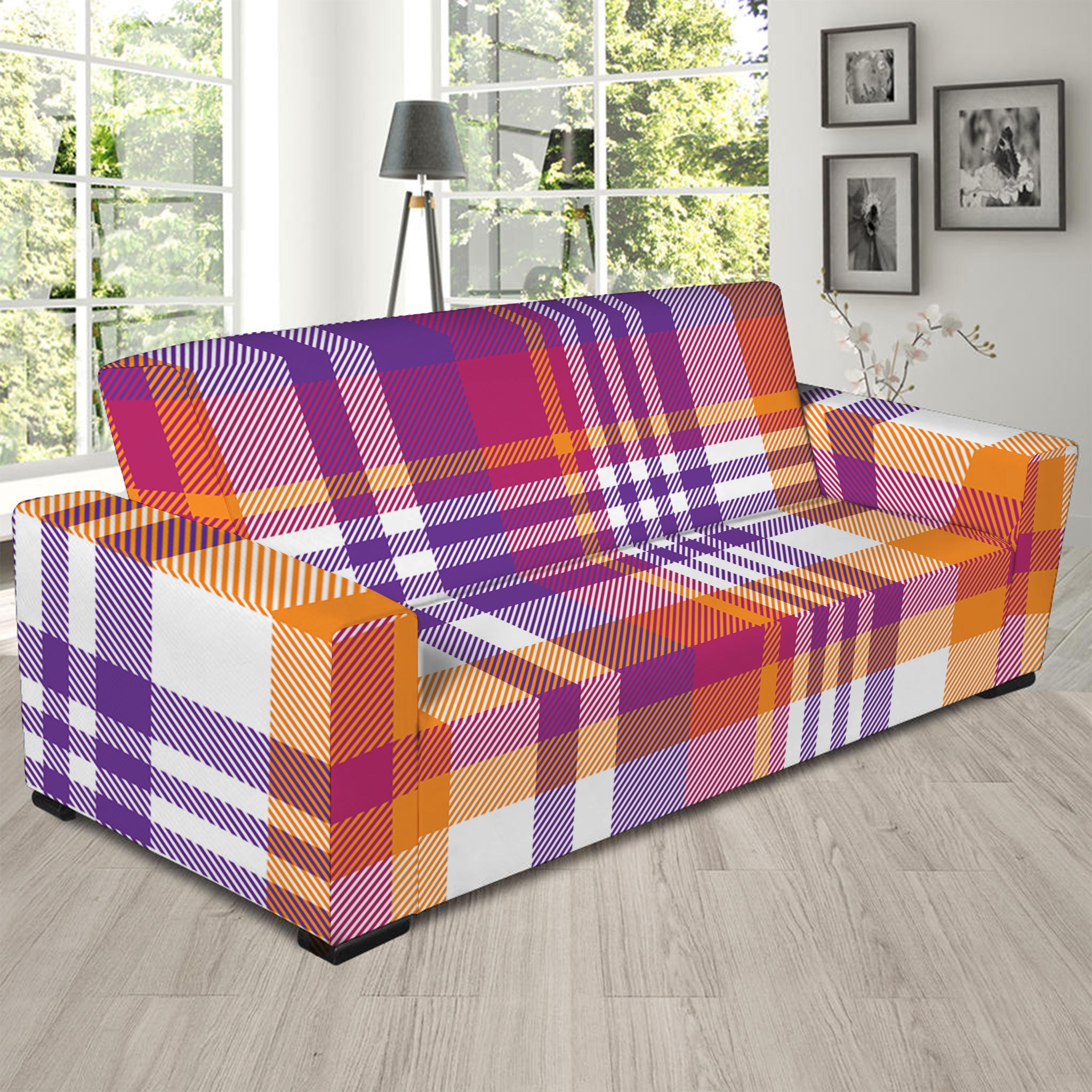 Purple And Orange Madras Plaid Print Sofa Slipcover