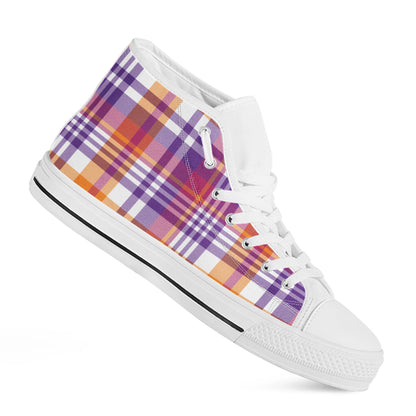 Purple And Orange Madras Plaid Print White High Top Shoes