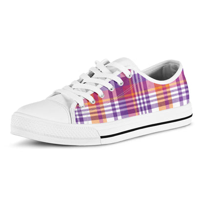 Purple And Orange Madras Plaid Print White Low Top Shoes