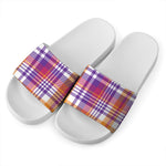 Purple And Orange Madras Plaid Print White Slide Sandals