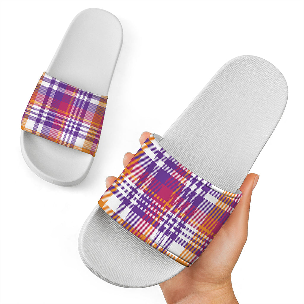 Purple And Orange Madras Plaid Print White Slide Sandals