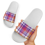 Purple And Orange Madras Plaid Print White Slide Sandals