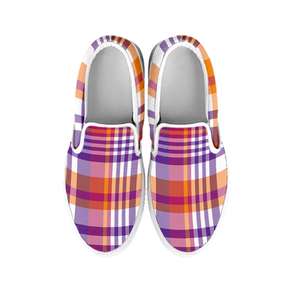 Purple And Orange Madras Plaid Print White Slip On Shoes