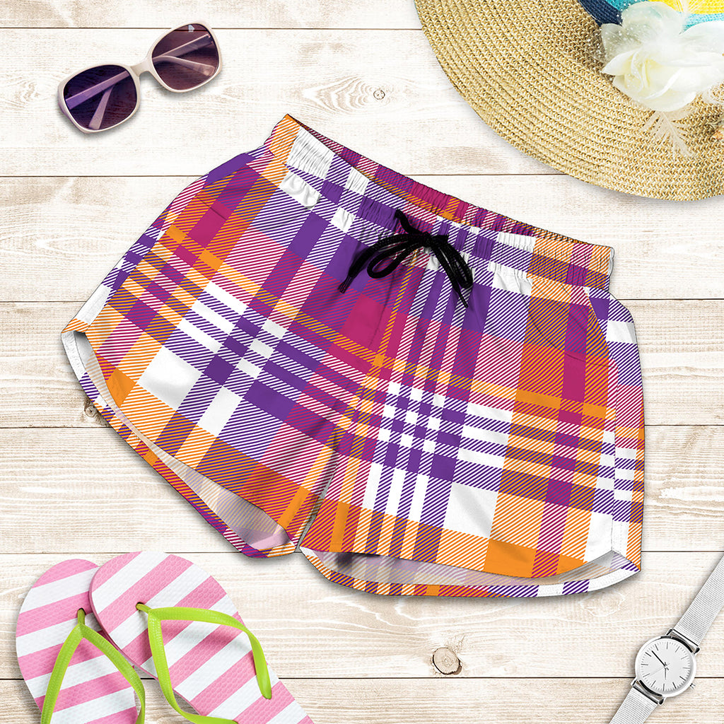 Purple And Orange Madras Plaid Print Women's Shorts