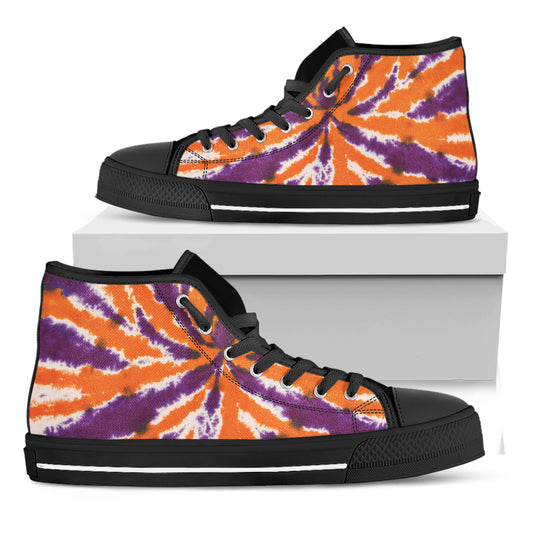 Purple And Orange Spider Tie Dye Print Black High Top Shoes