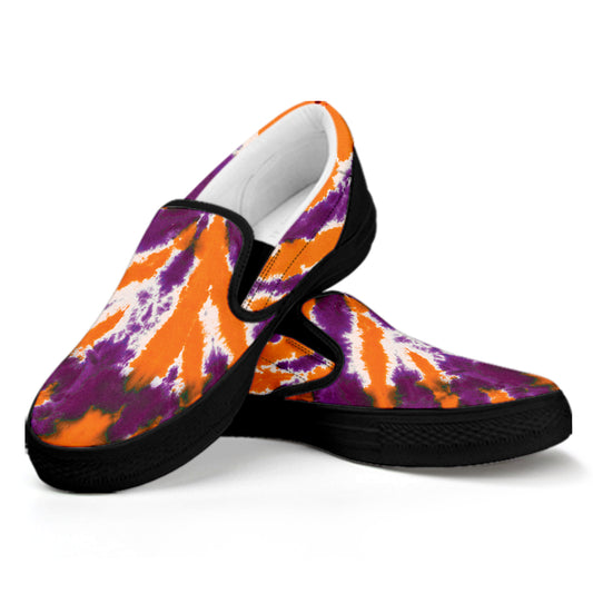Purple And Orange Spider Tie Dye Print Black Slip On Shoes