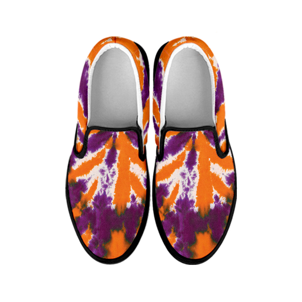 Purple And Orange Spider Tie Dye Print Black Slip On Shoes