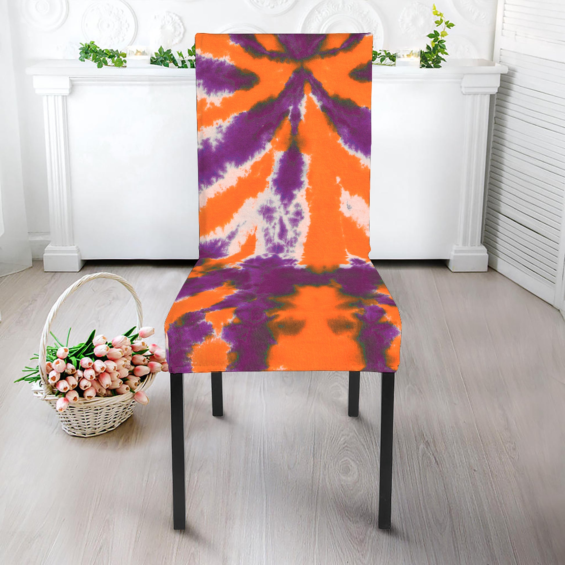 Purple And Orange Spider Tie Dye Print Dining Chair Slipcover