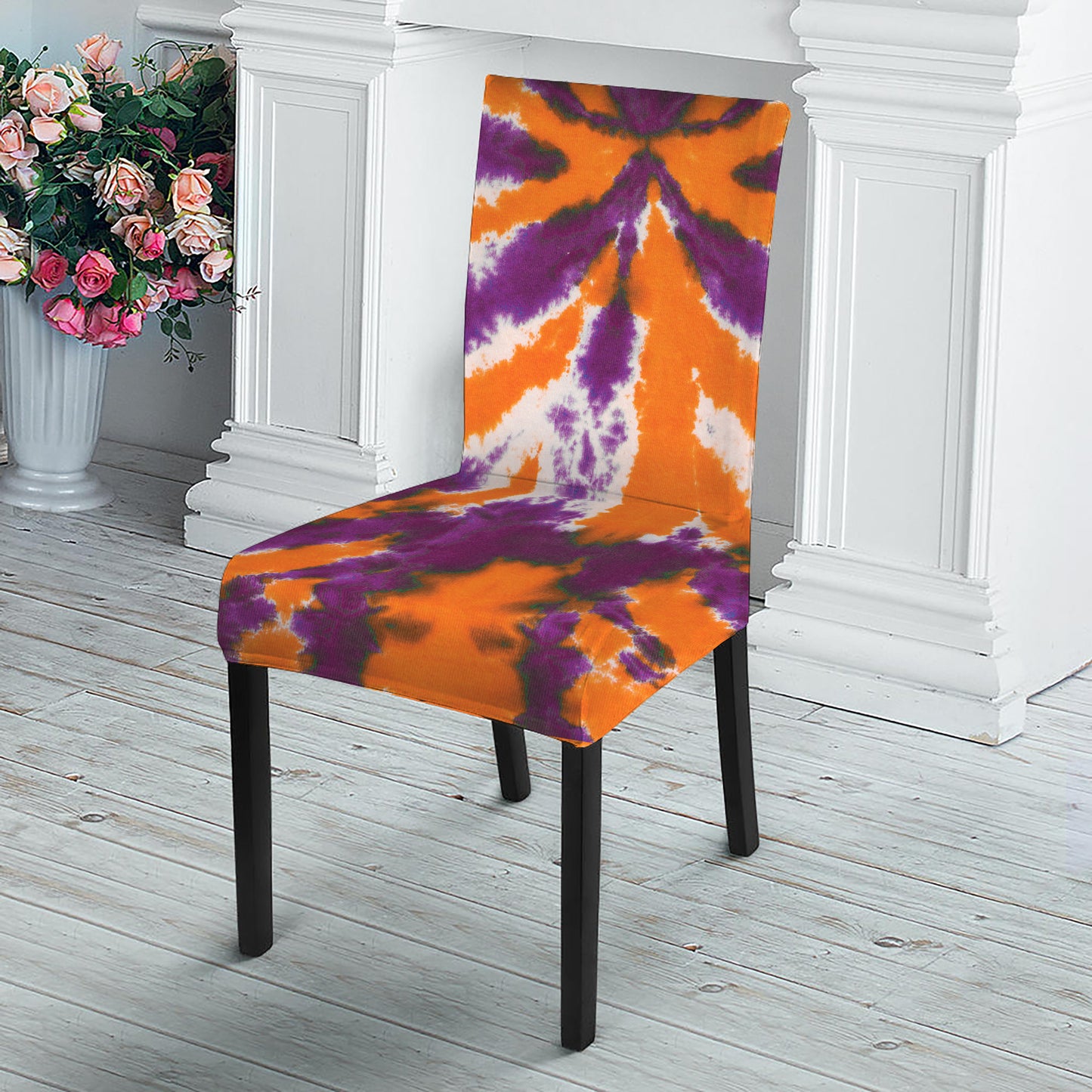 Purple And Orange Spider Tie Dye Print Dining Chair Slipcover