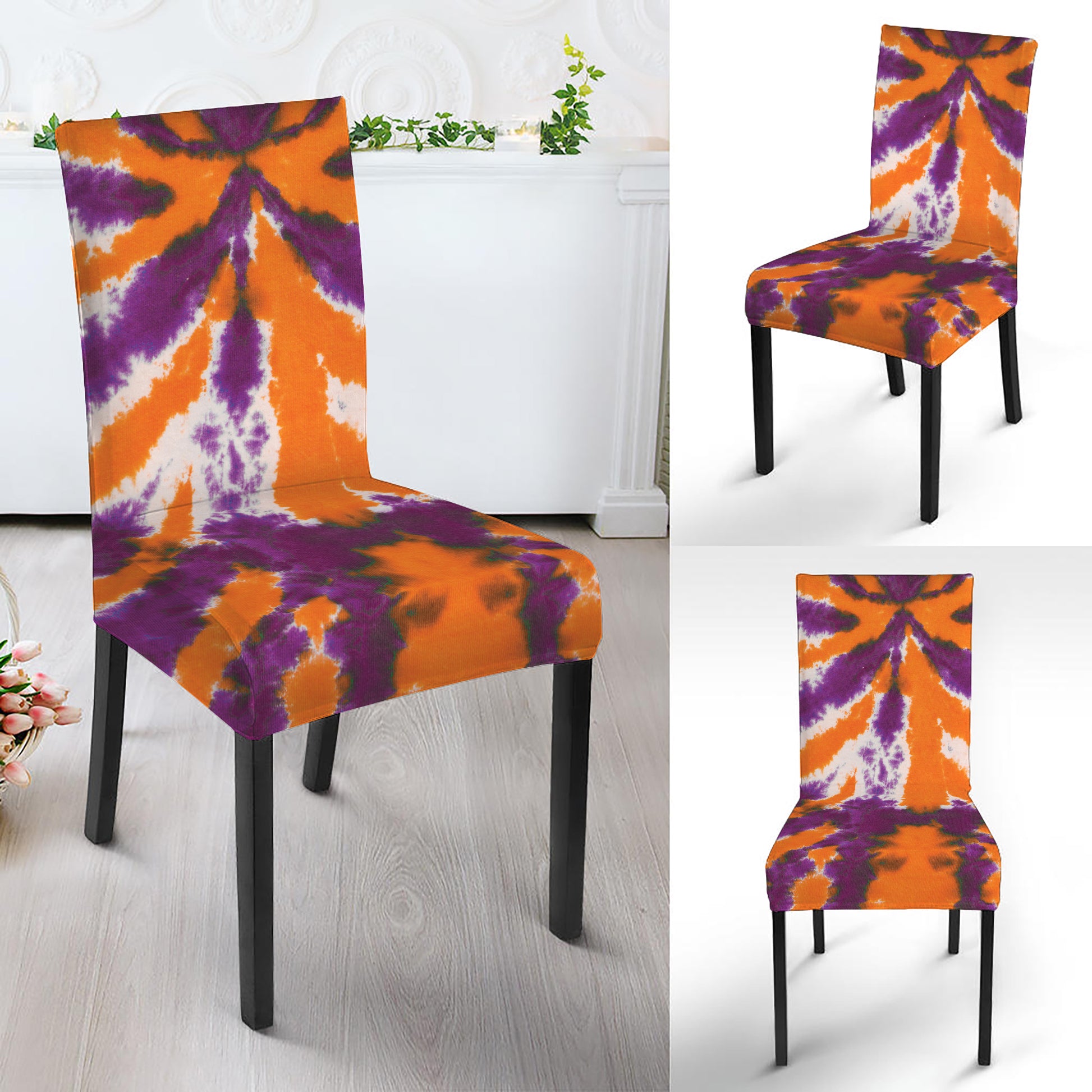 Purple And Orange Spider Tie Dye Print Dining Chair Slipcover