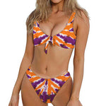 Purple And Orange Spider Tie Dye Print Front Bow Tie Bikini