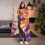 Purple And Orange Spider Tie Dye Print Hooded Blanket