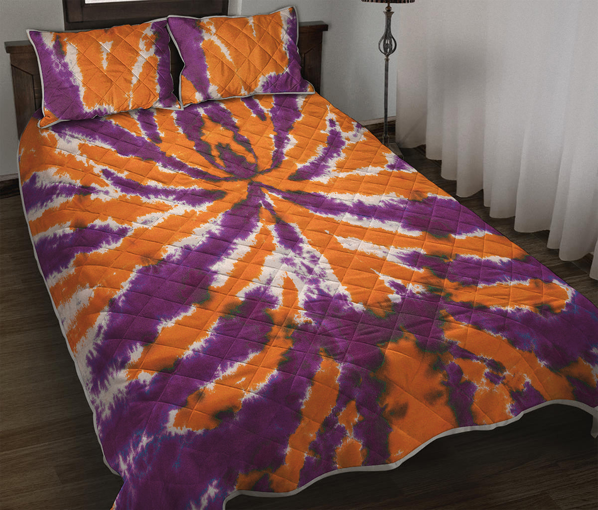 Purple And Orange Spider Tie Dye Print Quilt Bed Set