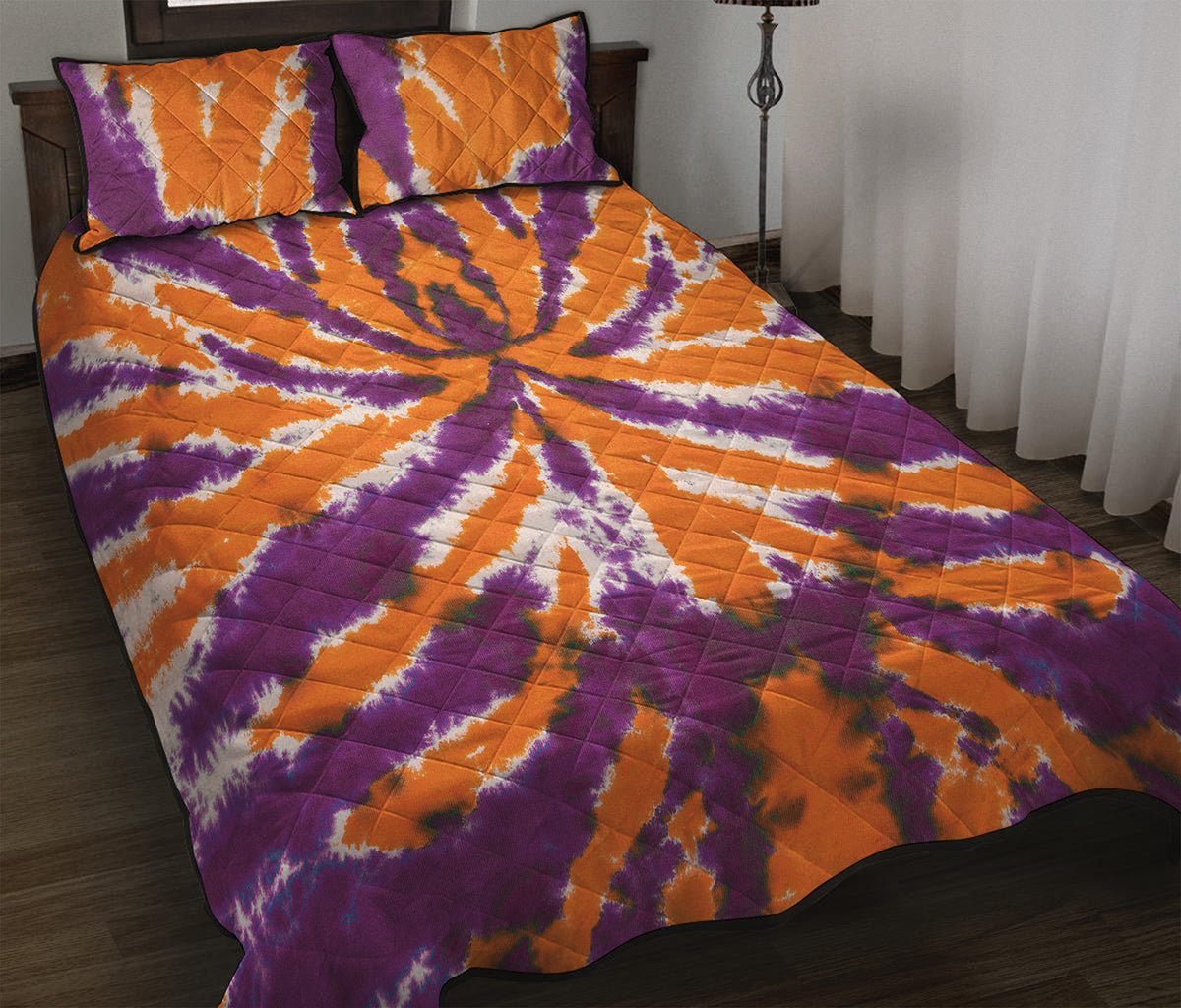 Purple And Orange Spider Tie Dye Print Quilt Bed Set