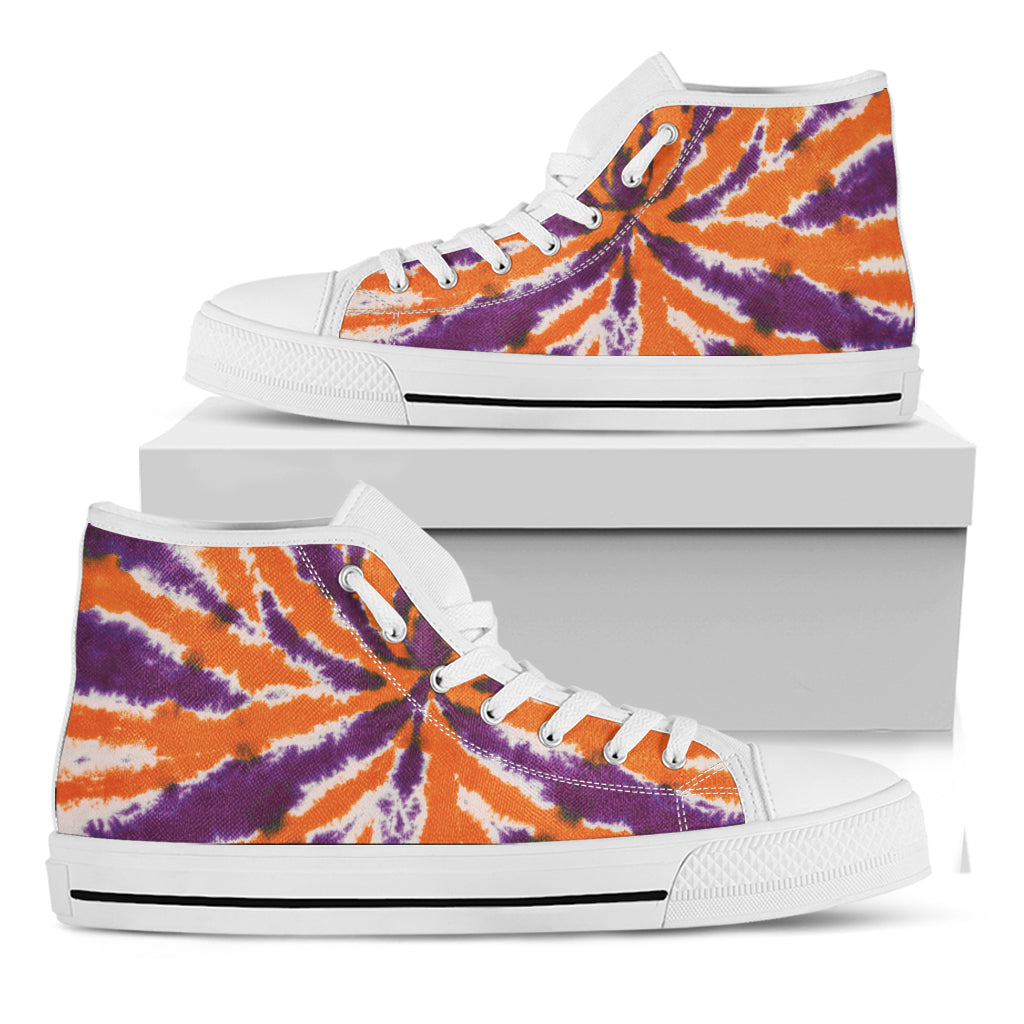 Purple And Orange Spider Tie Dye Print White High Top Shoes