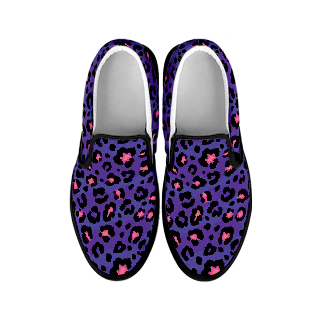 Purple And Pink Leopard Print Black Slip On Shoes