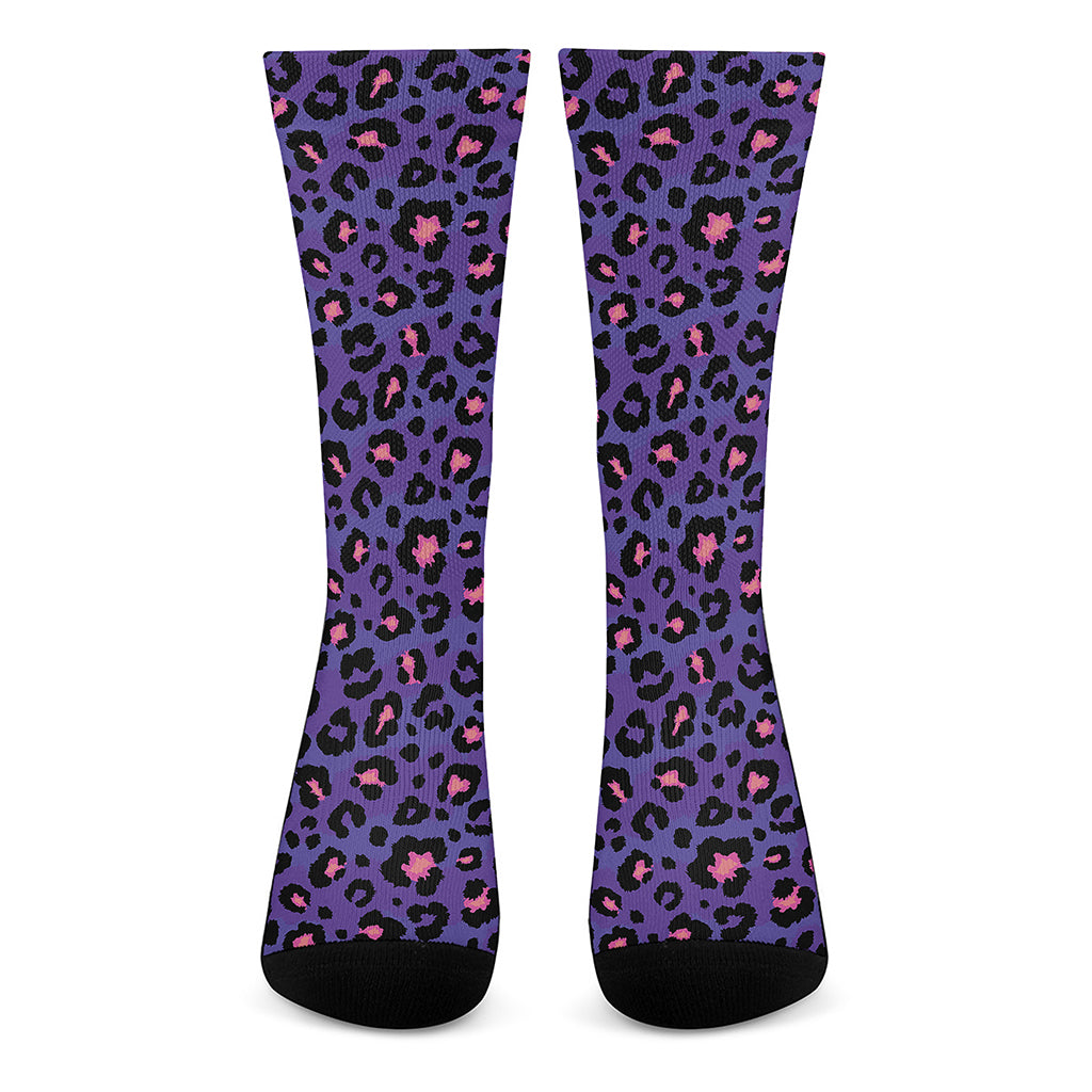Purple And Pink Leopard Print Crew Socks