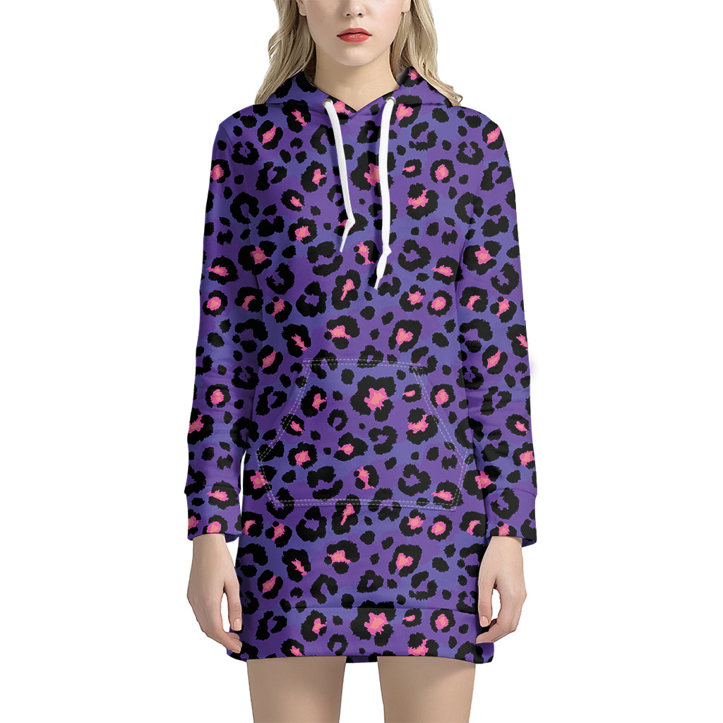 Purple And Pink Leopard Print Hoodie Dress