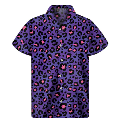 Purple And Pink Leopard Print Men's Short Sleeve Shirt