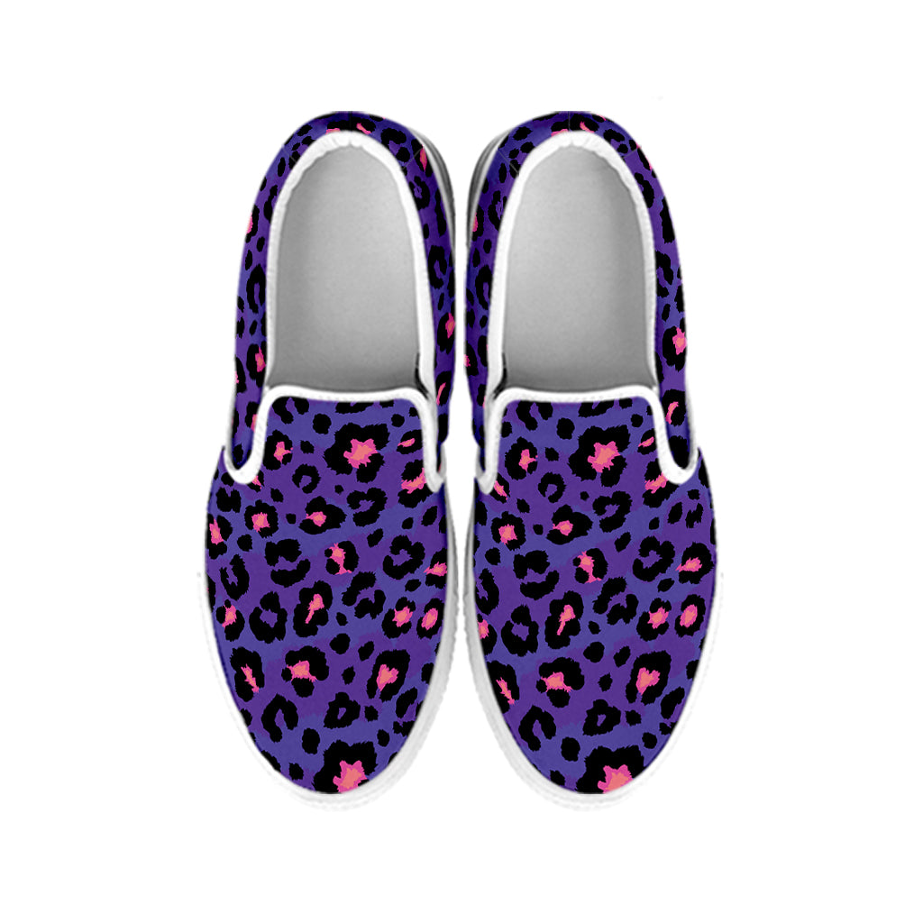 Purple And Pink Leopard Print White Slip On Shoes