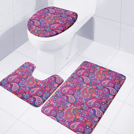 Purple And Pink Paisley Pattern Print 3 Piece Bath Mat Set