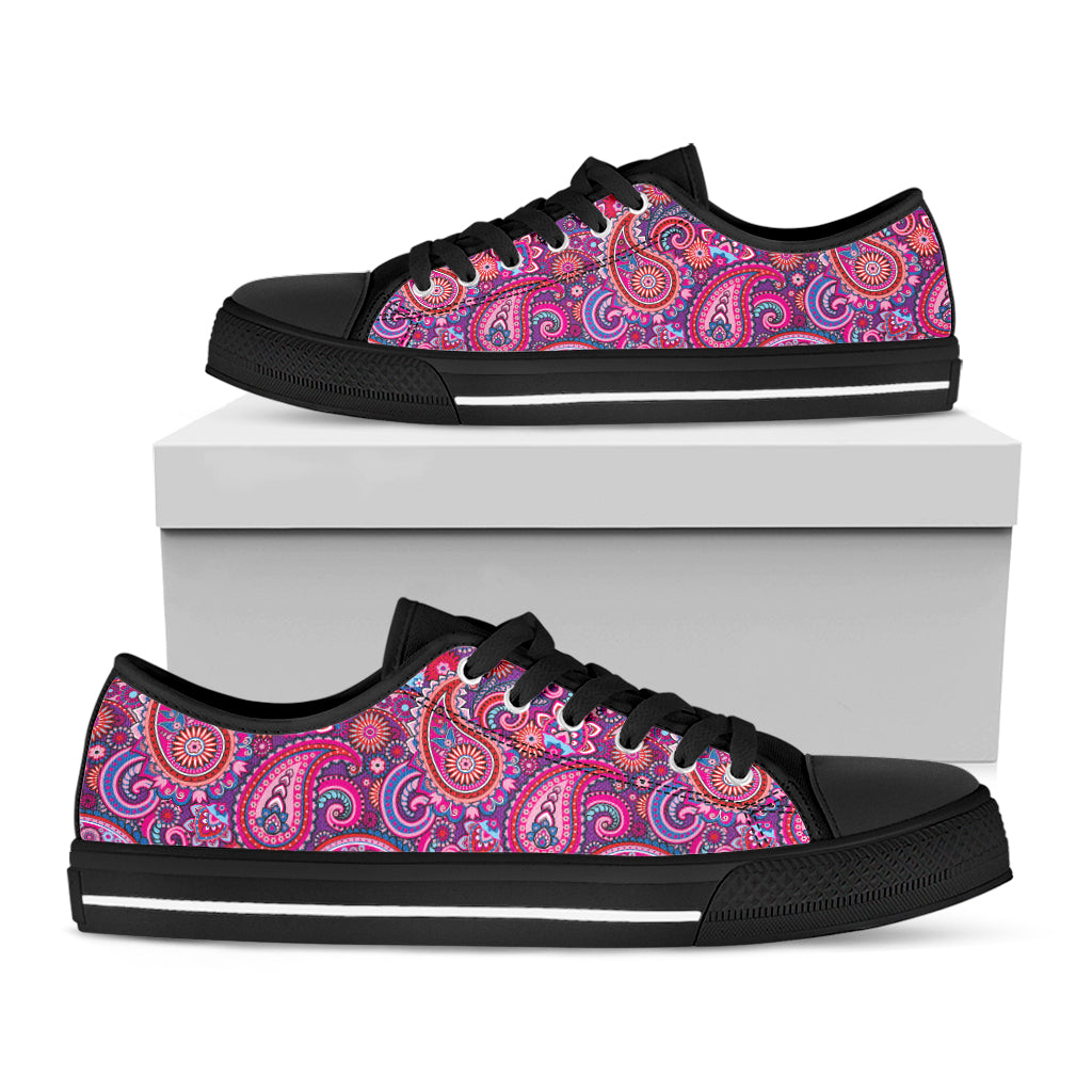 Purple And Pink Paisley Pattern Print Black Low Top Shoes