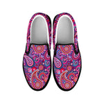 Purple And Pink Paisley Pattern Print Black Slip On Shoes