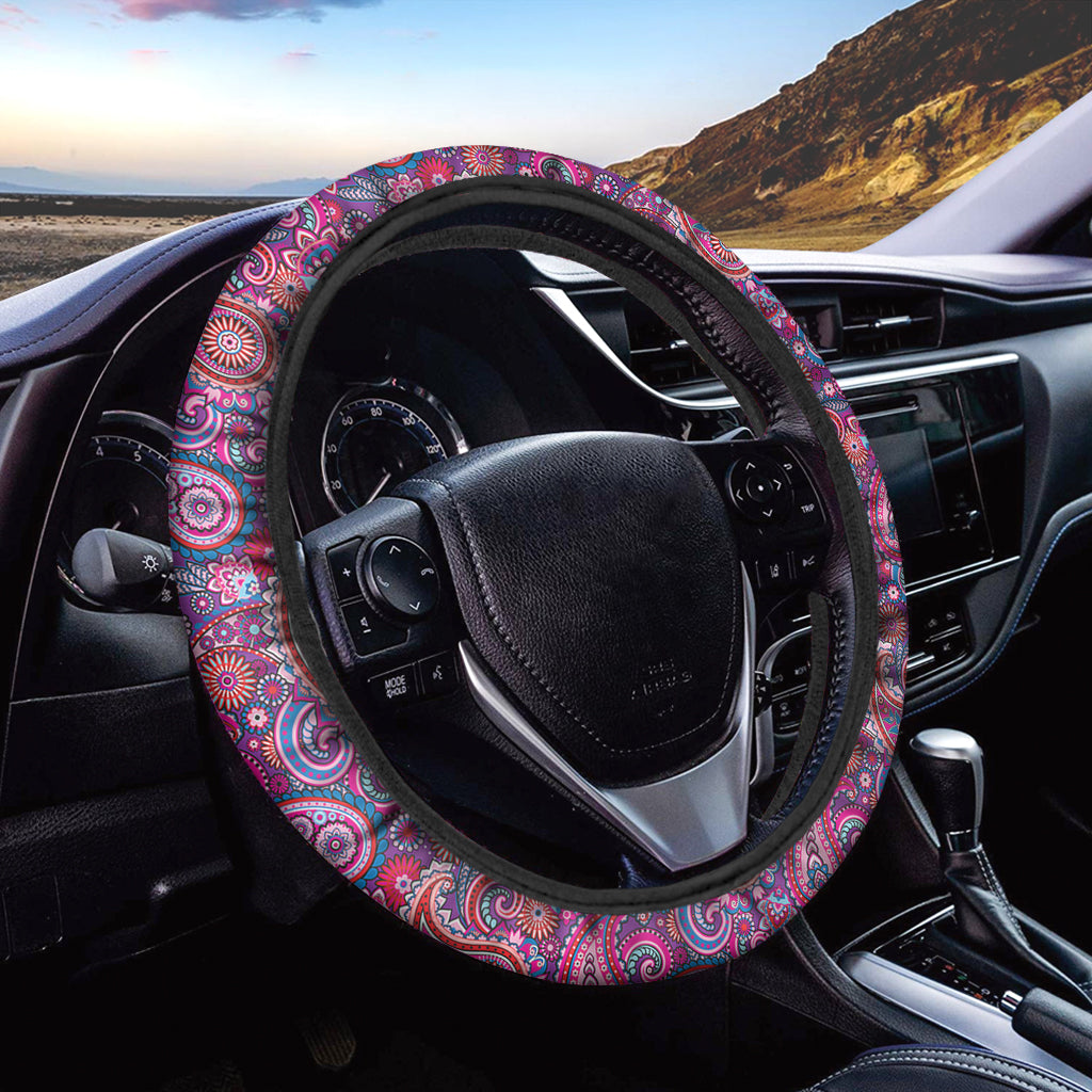 Purple And Pink Paisley Pattern Print Car Steering Wheel Cover