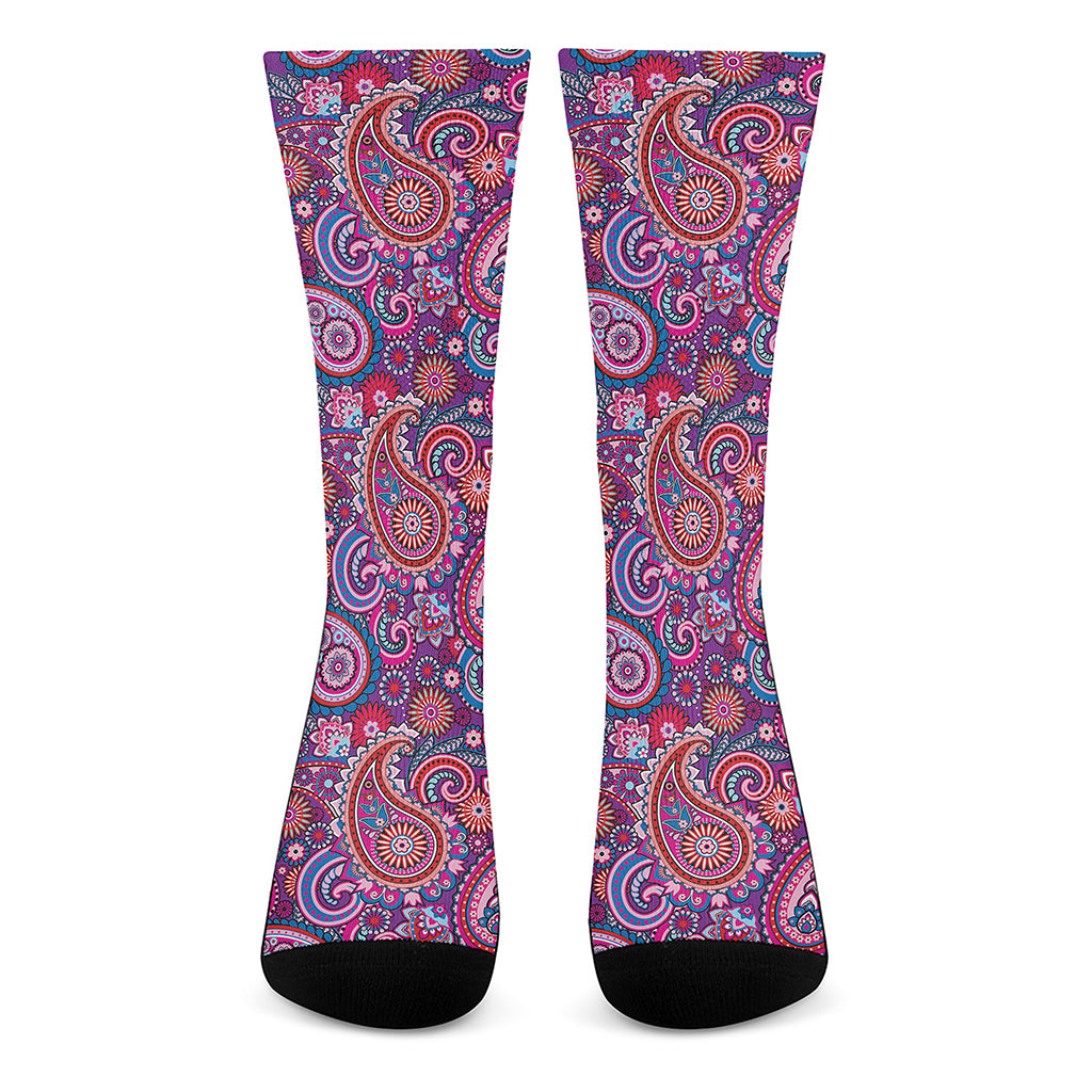Purple And Pink Paisley Pattern Print Crew Socks