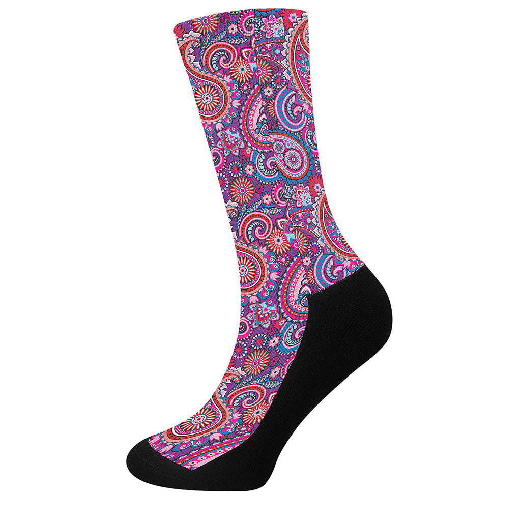 Purple And Pink Paisley Pattern Print Crew Socks