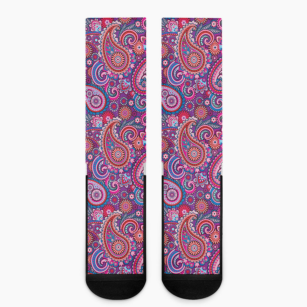 Purple And Pink Paisley Pattern Print Crew Socks