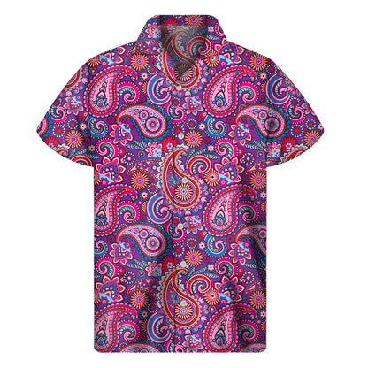 Purple And Pink Paisley Pattern Print Men's Short Sleeve Shirt