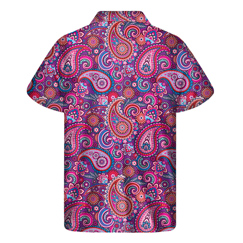Purple And Pink Paisley Pattern Print Men's Short Sleeve Shirt