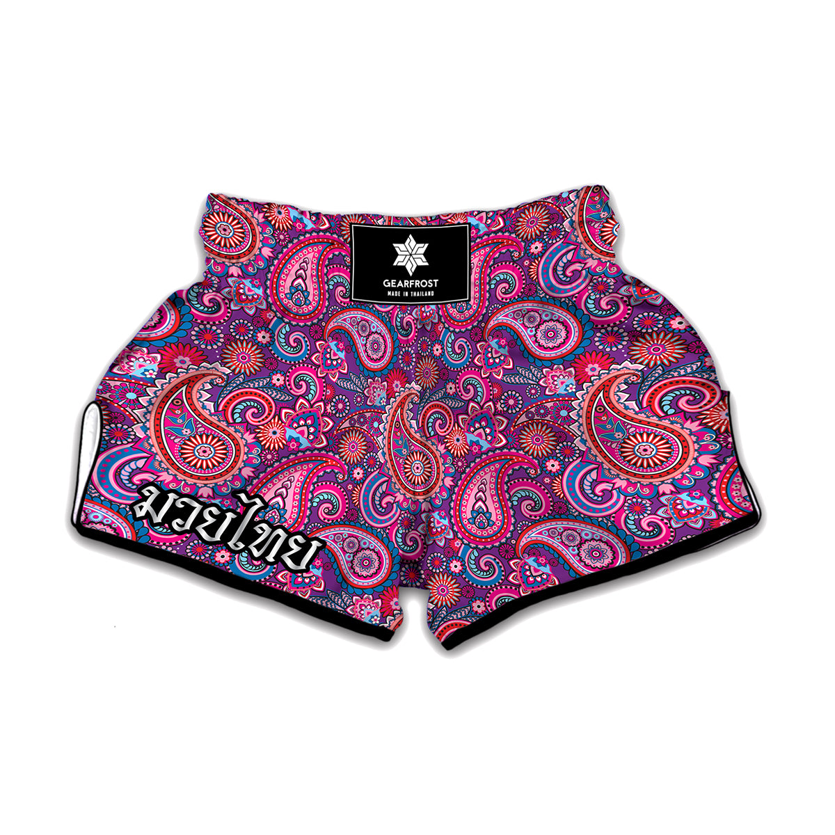 Purple And Pink Paisley Pattern Print Muay Thai Boxing Shorts