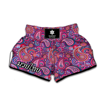 Purple And Pink Paisley Pattern Print Muay Thai Boxing Shorts