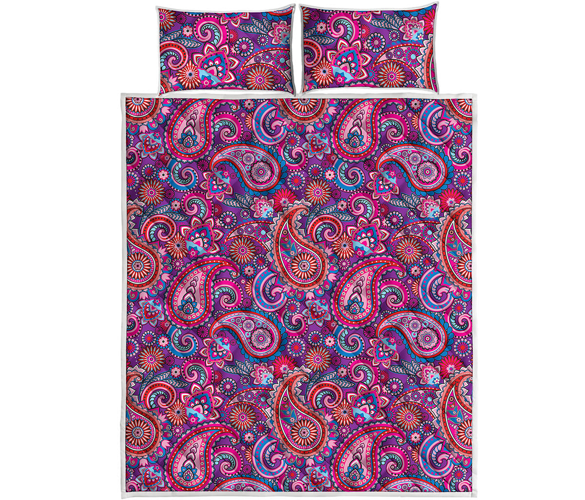 Purple And Pink Paisley Pattern Print Quilt Bed Set
